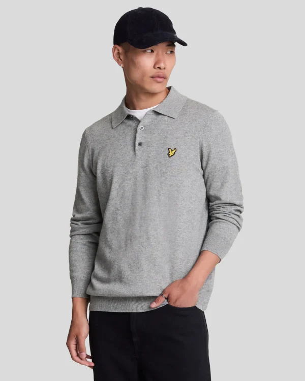 Lyle & Scott Polohemden<Langärmeliges gestricktes Poloshirt aus Baumwolle und Merino MidGreyMarl