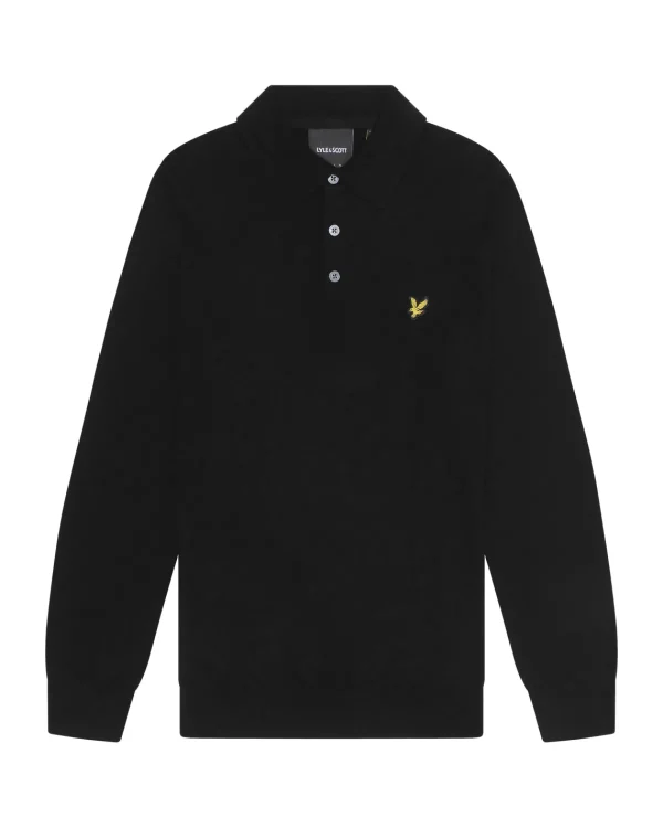 Lyle & Scott Polohemden<Langärmeliges gestricktes Poloshirt aus Baumwolle und Merino JetBlack